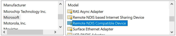 Menú de Windows con el texto "Remote NDIS Compatible Device" resaltado